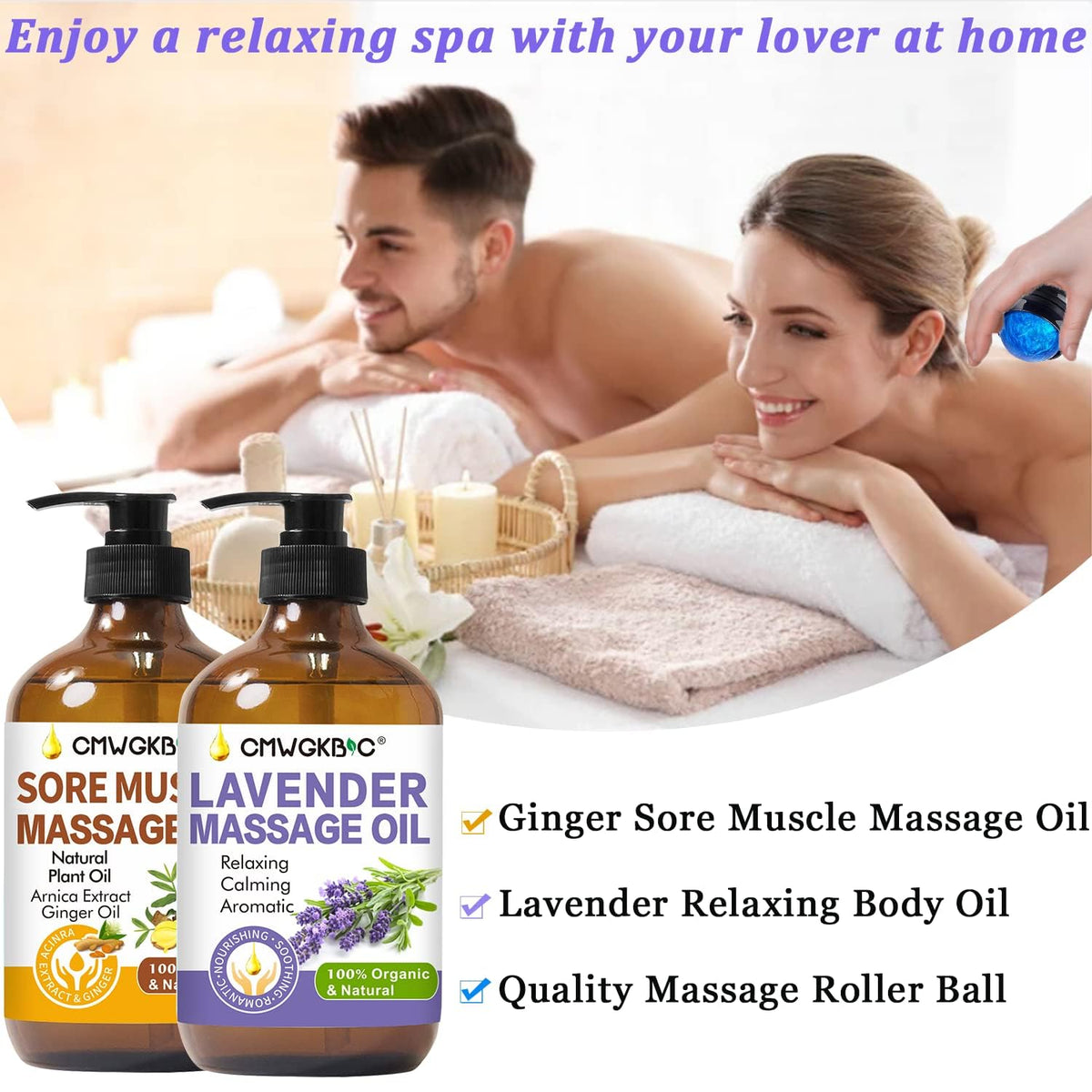 Massage Oil for Massage Therapy,Lymphatic Drainage-Ginger Oil Sore Muscle Arnica Oil&Lavender Oil Relaxing Massage Oils for Date Night,Massage Ball,Body Oil for Women,Mens Gifts,Birthday Gifts for Men