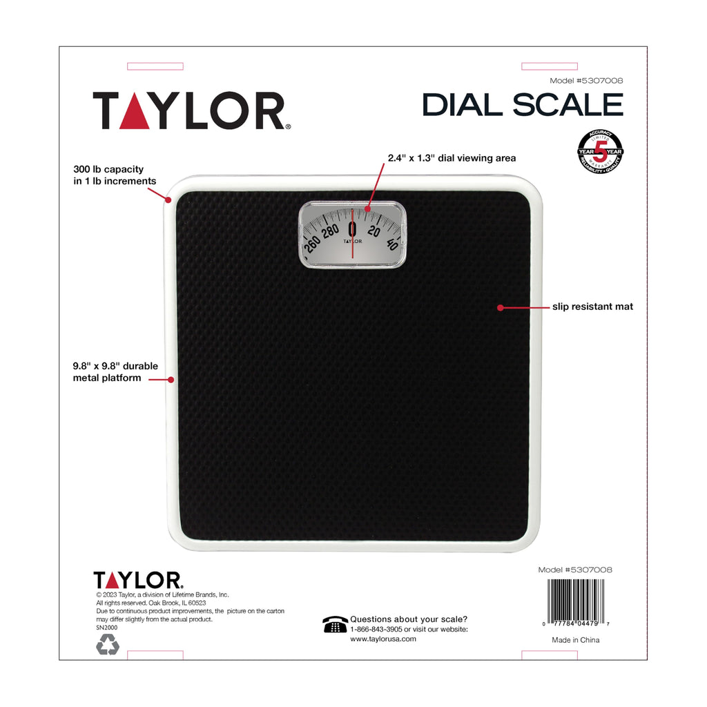 Taylor Analog Bathroom Scale for Body Weight, 300 lb Capacity, White/Black