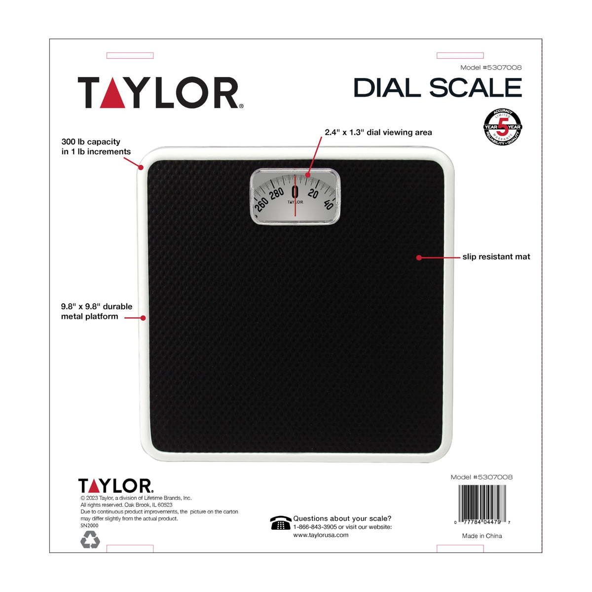 Taylor Analog Bathroom Scale for Body Weight, 300 lb Capacity, White/Black