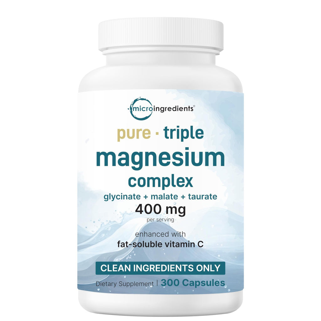 Micro Ingredients Pure Triple Magnesium Complex | 300 Capsules | 400mg Elemental Magnesium Per Serving | Chelated Glycinate, Taurate, Magnesium Malate, Vitamin C | Filler Free
