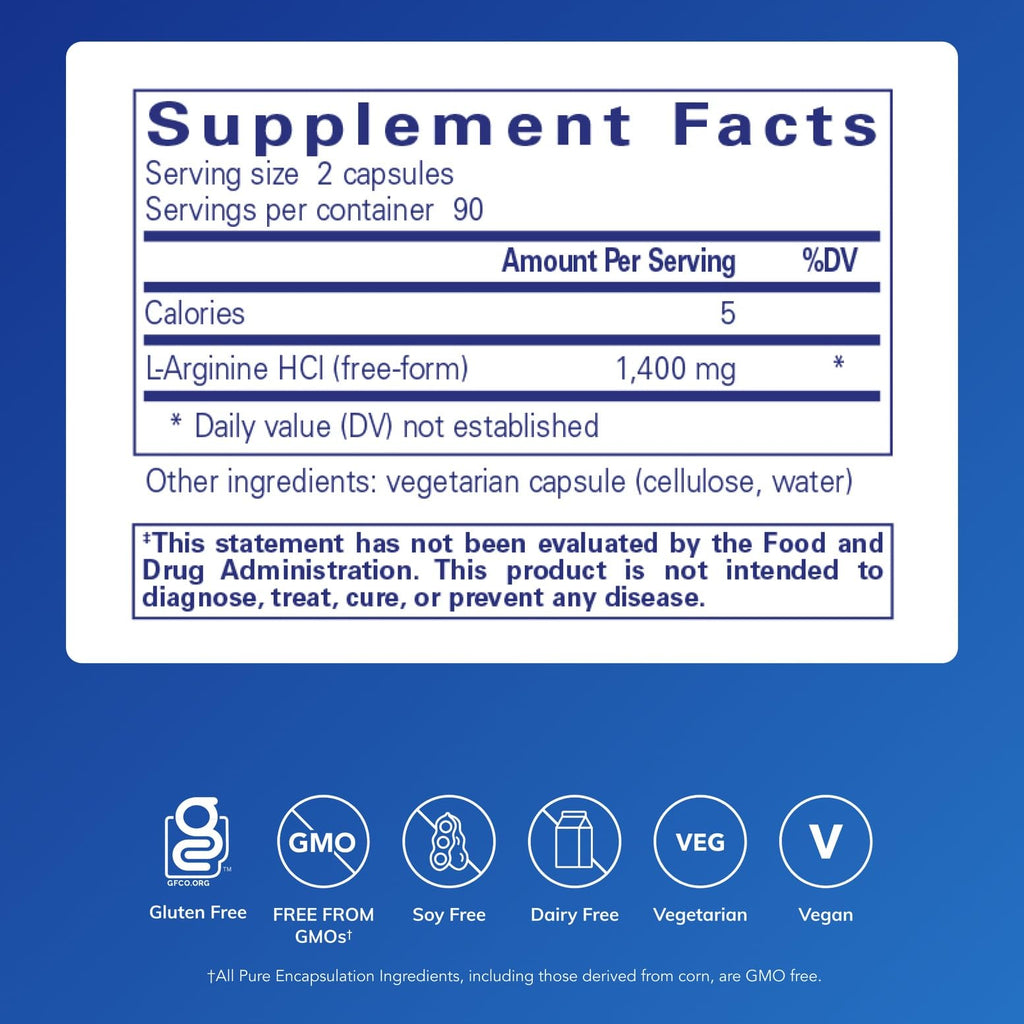 Pure Encapsulations L-Arginine, 180 Capsules | 1,400 mg, Support Nitric Oxide Production, Heart Health and Blood Flow*, Gluten-Free and Non-GMO