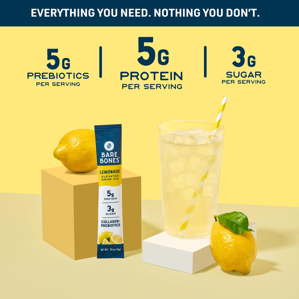 Bare Bones Lemonade Collagen Protein Powder Drink Mix, 16 Stick Packets | 5g Collagen Protein | Prebiotic Collagen Drink Mix for Water | Naturally Sweetened, Light & Flavorful | Gluten & Dairy Free