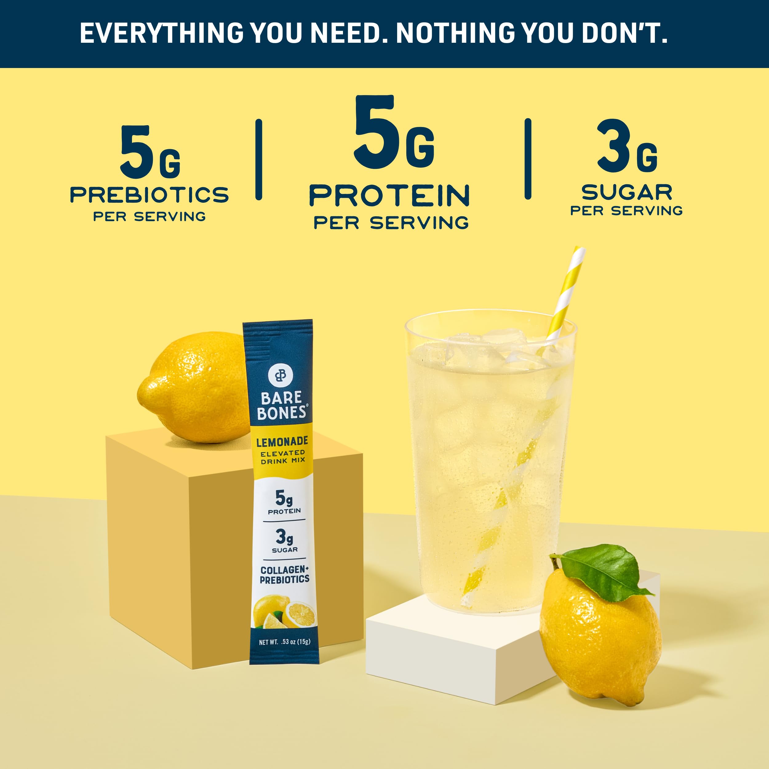 Bare Bones Lemonade Collagen Protein Powder Drink Mix, 16 Stick Packets | 5g Collagen Protein | Prebiotic Collagen Drink Mix for Water | Naturally Sweetened, Light & Flavorful | Gluten & Dairy Free