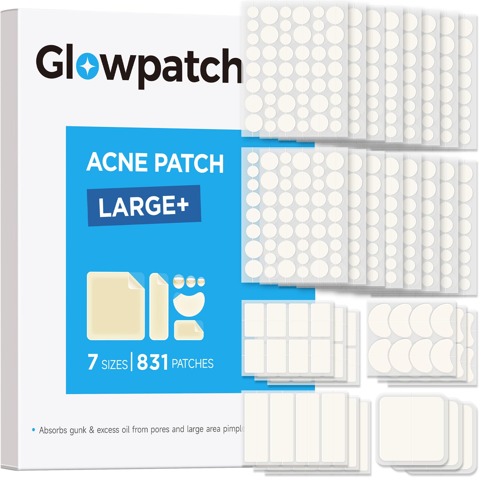 7 Sizes 831 Counts Pimple Patches Variety Pack for Face, Back | Hydrocolloid, Large Blemish Patches for Body, Chin, Chest, Cheek, Shoulder, Neck, Forehead (Dot, Moon, Rectangular, Square)