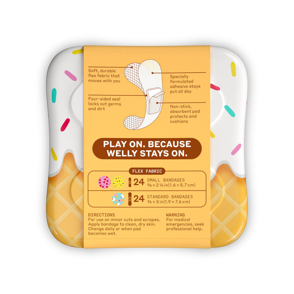 Welly Bandages | Adhesive Flexible Fabric Bravery Badges | Assorted Shapes for Minor Cuts, Scrapes, and Wounds | Colorful and Fun First Aid Tin | Ice Cream Patterns - 48 Count