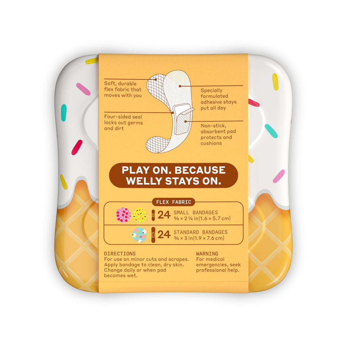 Welly Bandages | Adhesive Flexible Fabric Bravery Badges | Assorted Shapes for Minor Cuts, Scrapes, and Wounds | Colorful and Fun First Aid Tin | Ice Cream Patterns - 48 Count