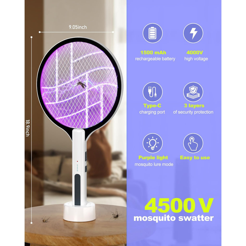 2PACK Electric Fly Swatter 4500V Bug Zapper Racket, 2 in 1 Handheld Fly Zapper & Purple Mosquito Killer Rechargeable and 3-Layer Safety for Indoor Home Office Backyard Patio Camping