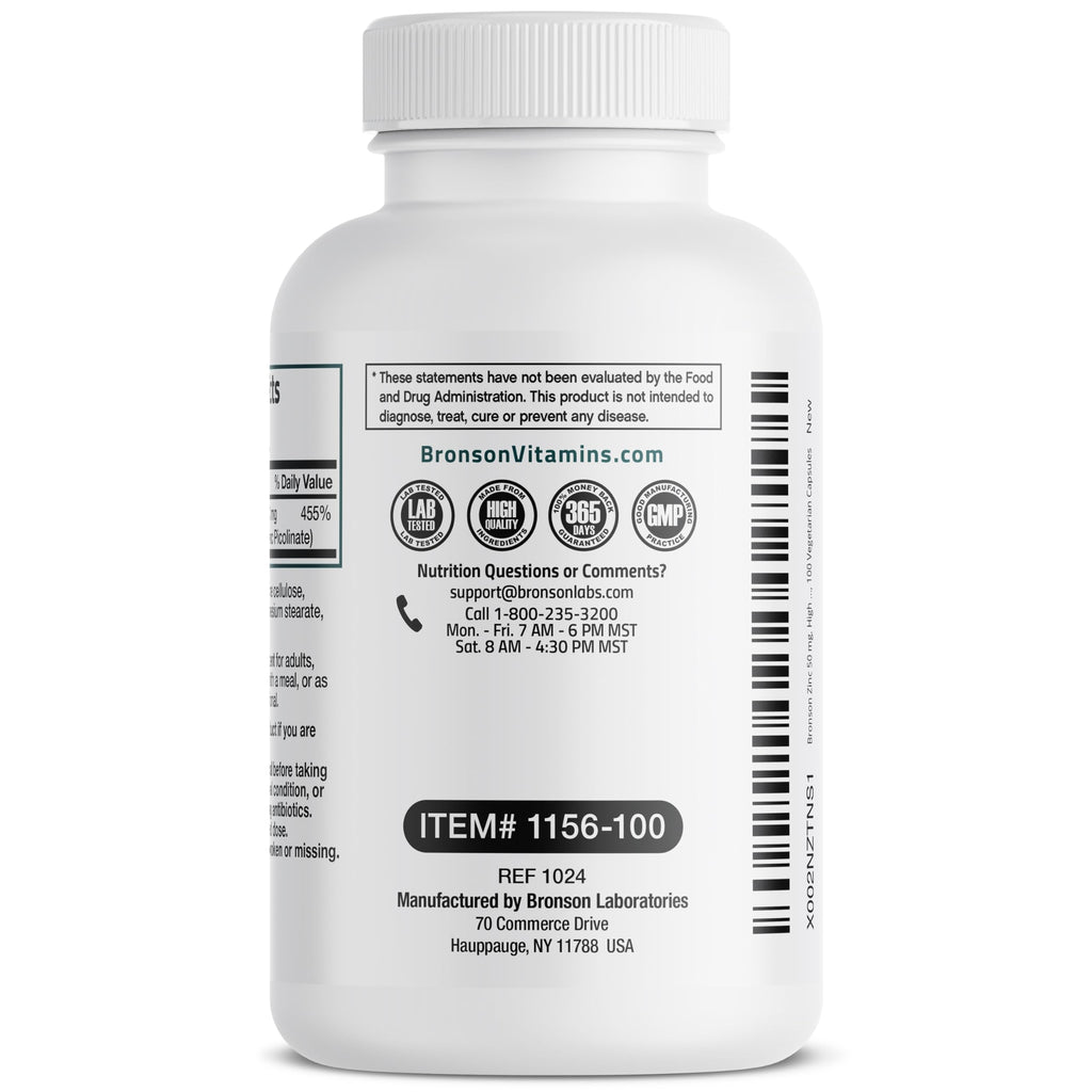 Bronson Zinc Complex 50 mg, Picolinate & Oxide, 100 Vegetarian Capsules