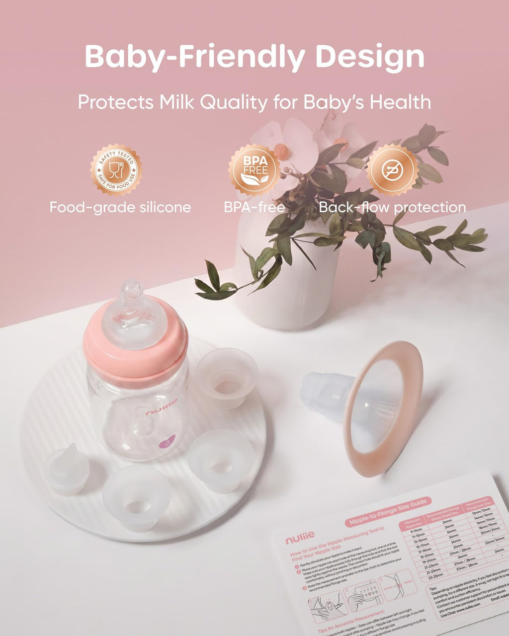 Nuliie 8010 Manual Breast Pump, Adjustable Suction with Temperature-Indicating Bottle, 6oz Wide-Neck Bottle, Narrow-Neck Adapter, Hand Pump Breastmilk with Flanges, BPA-Free, Heat Resistant
