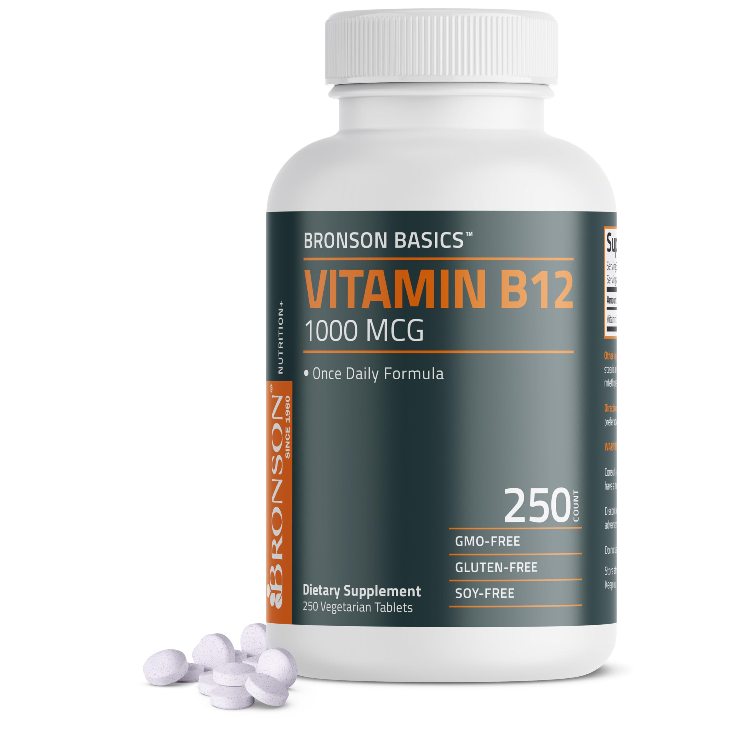 Bronson Vitamin B12 1000 mcg Once-Daily Formula, 250 Vegetarian Tablets | Energy Support, B12 as Cyanocobalamin, Daily Maintenance, 250-Day Supply, Vegan, Non-GMO, Gluten-Free & Soy-Free
