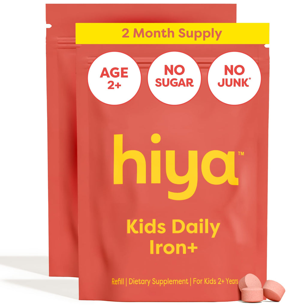 Hiya Iron+ Supplements for Kids, No Added Sugar, 60 Day Supply, Strawberry | Third Party Tested, Chewable High Absorption Iron Supplement Refill, Delicious Strawberry Flavor & Easy on Children's Stomach