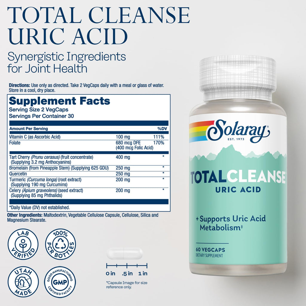 Solaray Total Cleanse Uric Acid - Joint Health Supplement - Powerful Joint Support and Uric Acid Cleanse with Tart Cherry Extract, Celery Seed, Turmeric Extract - 60-Day Guarantee, 30 Serv, 60 VegCaps