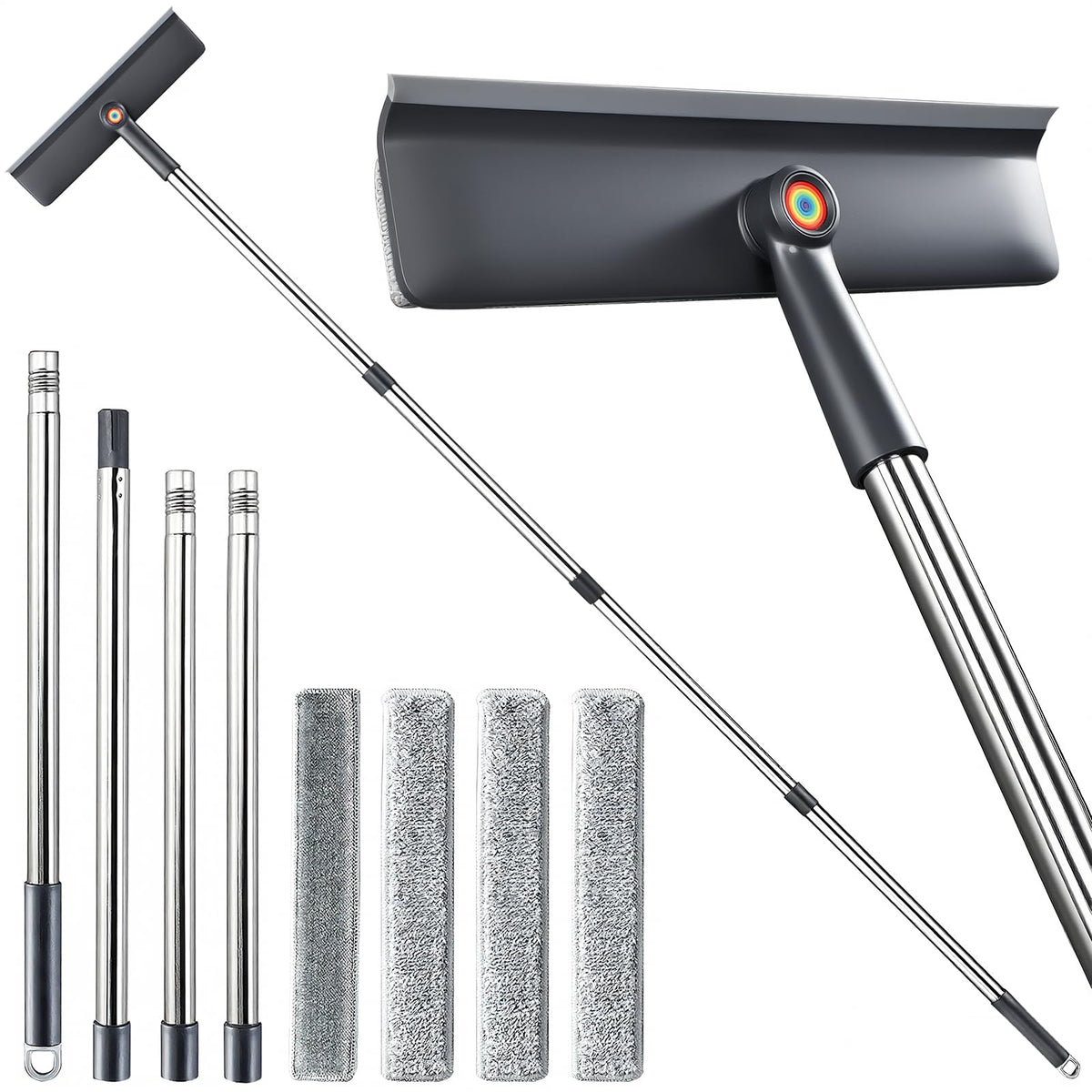 3-in-1 Window Squeegee for Home - 60" Window Cleaning Kit with 3 Microfiber Cloths & Screen Brush, All-in-1 Cleaner Tool for Outdoor Windows, Glass Door & Screens, Lightweight & Easy Storage