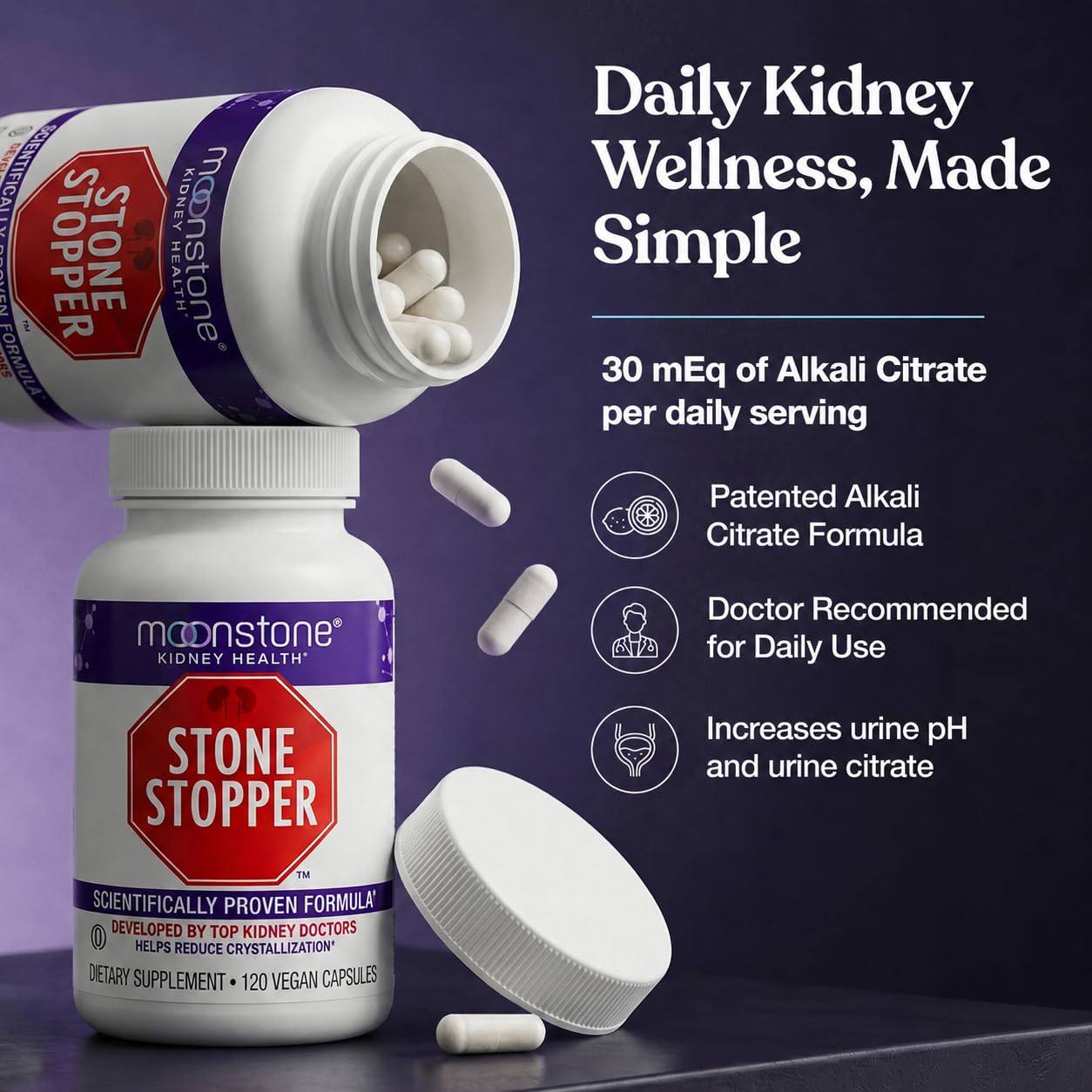 Moonstone Stone Stopper Capsules, Kidney Stone Prevention, Calcium Oxalate Protector, Alkali Citrate Support Supplement, Developed by Urologists to Support Kidney Health, 30 Day Supply (120 Count)