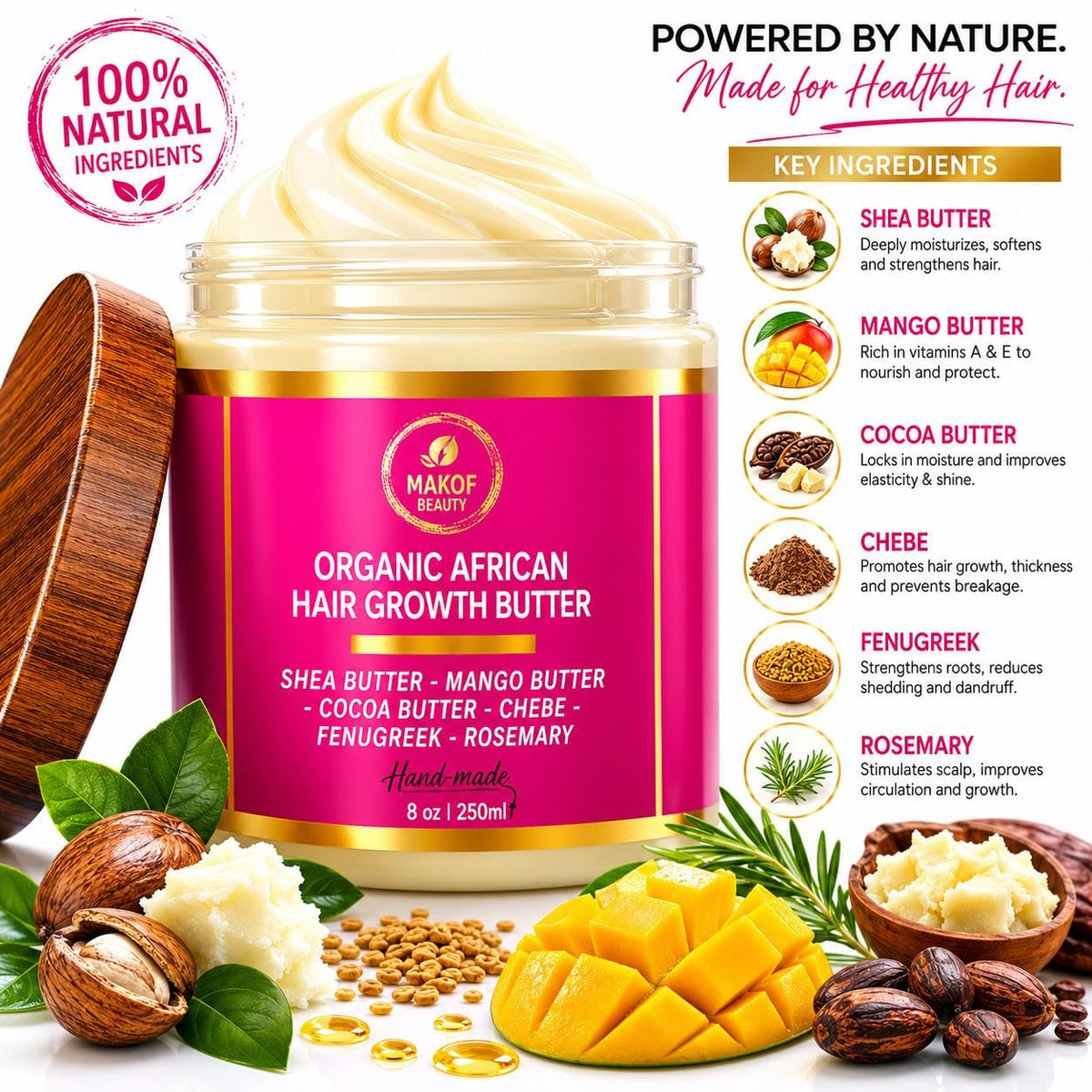 Chebe Hair Growth and Thickening Butter - Ayurvedic Deep Conditioner with Shea, Cocoa, Mango Butter, Fenugreek, and Rosemary for All Hair Types, 8 oz