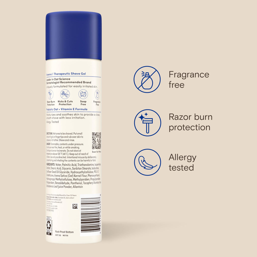 Aveeno Therapeutic Shave Gel for Women & Men, Sensitive Skin Shaving Cream with Prebiotic Oat & Vitamin E, Helps Prevent Razor Bumps & Skin Irritation, Soothes Dry Skin, Fragrance-Free, 7 Oz