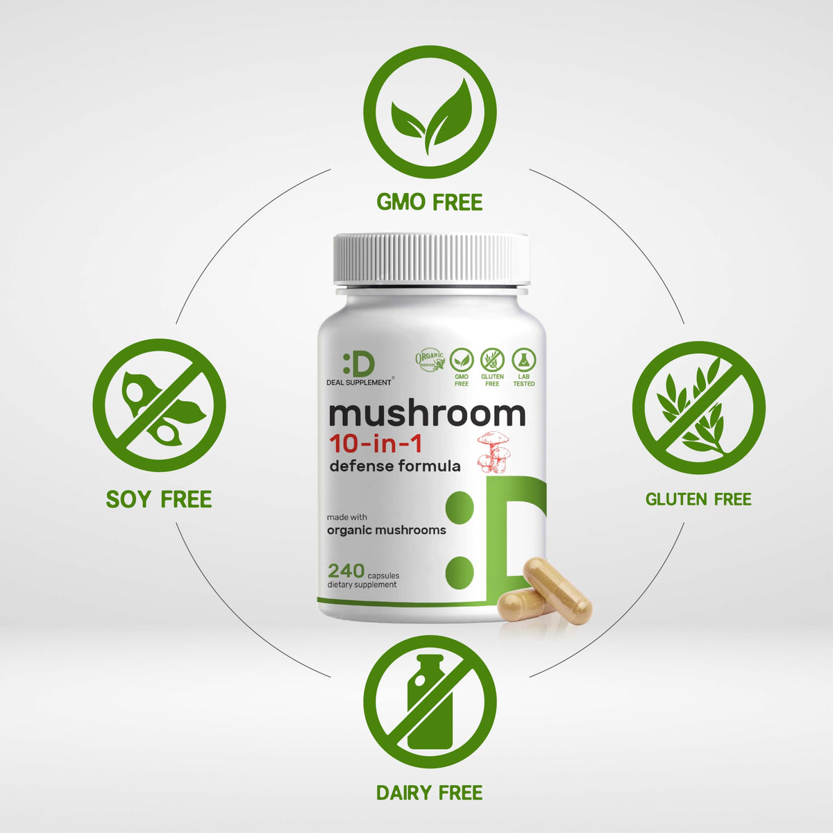 Organic 10-in-1 Mushroom Supplement, 240 Capsules – Lions Mane, Turkey Tail, Reishi, Cordyceps & More Mushroom Complex – Immune, Energy & Nootropic Brain Support – Non-GMO