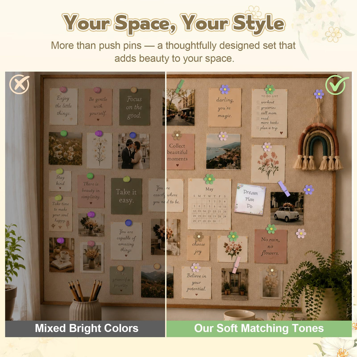 Decorative Flower Push Pins Kit, 48 PCS Cute Thumb Tacks for Bulletin Board