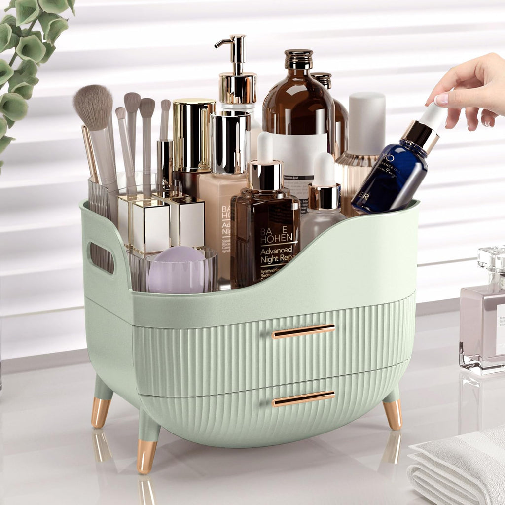 Pajiriona Makeup Organizer with Drawers, Green Skincare Organizer for Vanity, Storage Box with Handle, Large Cosmetic Display Case for Dresser, Bathroom Countertop