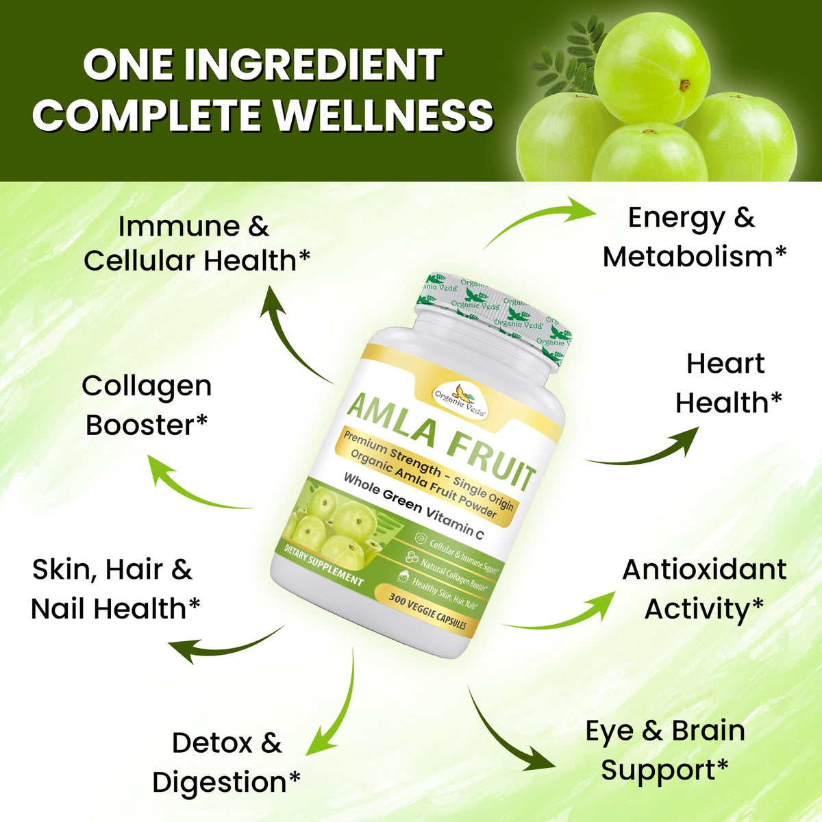 Organic Veda Amla Capsules - 1500mg, 300 Capsules - Natural Vitamin C Supplement with Antioxidants, Polyphenol for Immunity, Skin Glow & Hair Growth - Single Origin Premium Organic Amla Fruit Powder