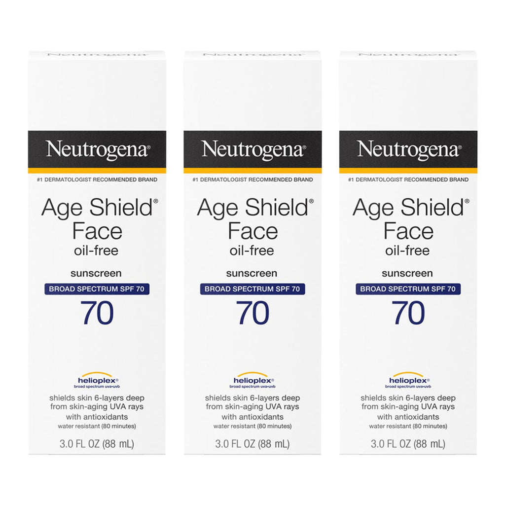 Buy now Neutrogena Age Shield Face Oil-Free Sunscreen Lotion with Broad Spectrum SPF 70, Non-Comedogenic Moisturizing Sunscreen to Help Prevent Signs of Aging, PABA-Free, 3 fl. oz (Pack of 3) at indiglob india