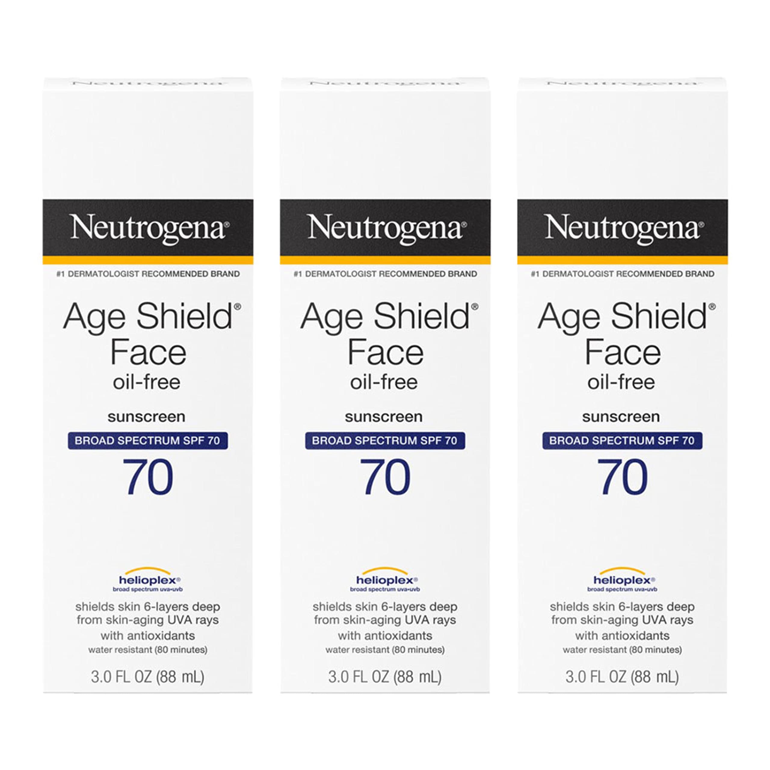 Buy now Neutrogena Age Shield Face Oil-Free Sunscreen Lotion with Broad Spectrum SPF 70, Non-Comedogenic Moisturizing Sunscreen to Help Prevent Signs of Aging, PABA-Free, 3 fl. oz (Pack of 3) at indiglob india
