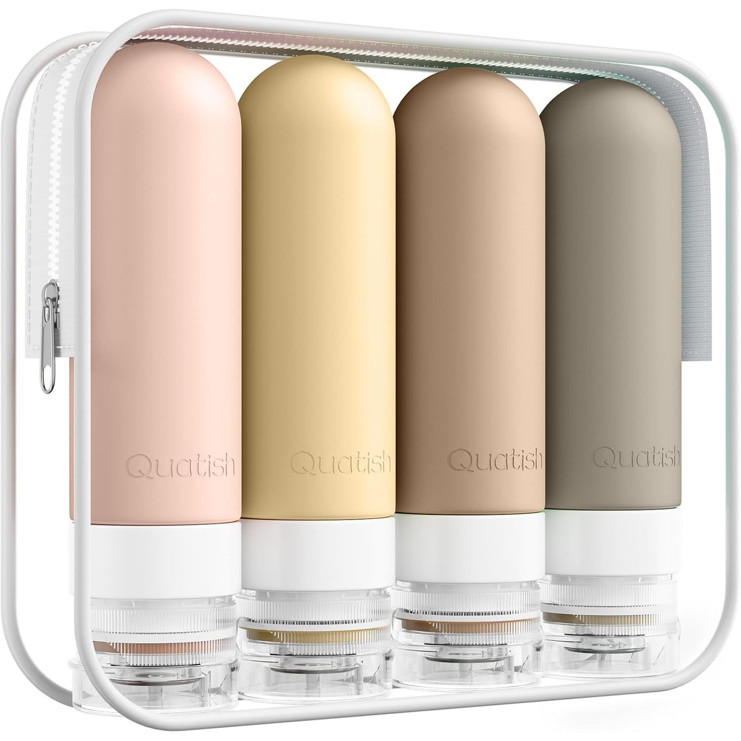 Buy now Quatish Travel Bottles for Toiletries, Original Patented Leak Proof Travel Size Containers, 3 oz Tsa Approved Silicone Shampoo and Conditioner Bottles, 4 Pack, Multi-Color Brown at indiglob india