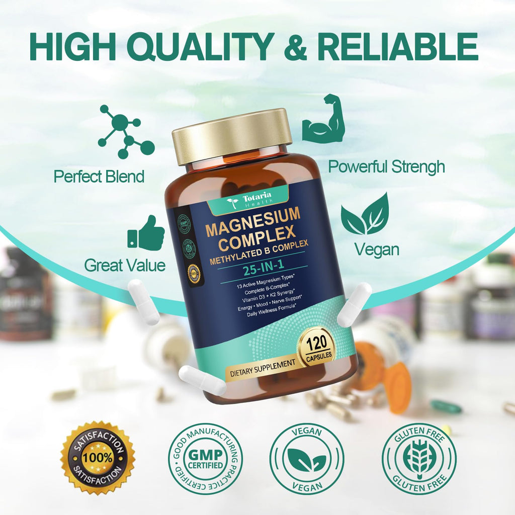 25-in-1 Magnesium Complex with Methylated B Complex, 1000mg Magnesium Complex for Women & Men with Magnesium Glycinate 400mg, 120 Vegan Capsules per Bottle, 2 Bottles