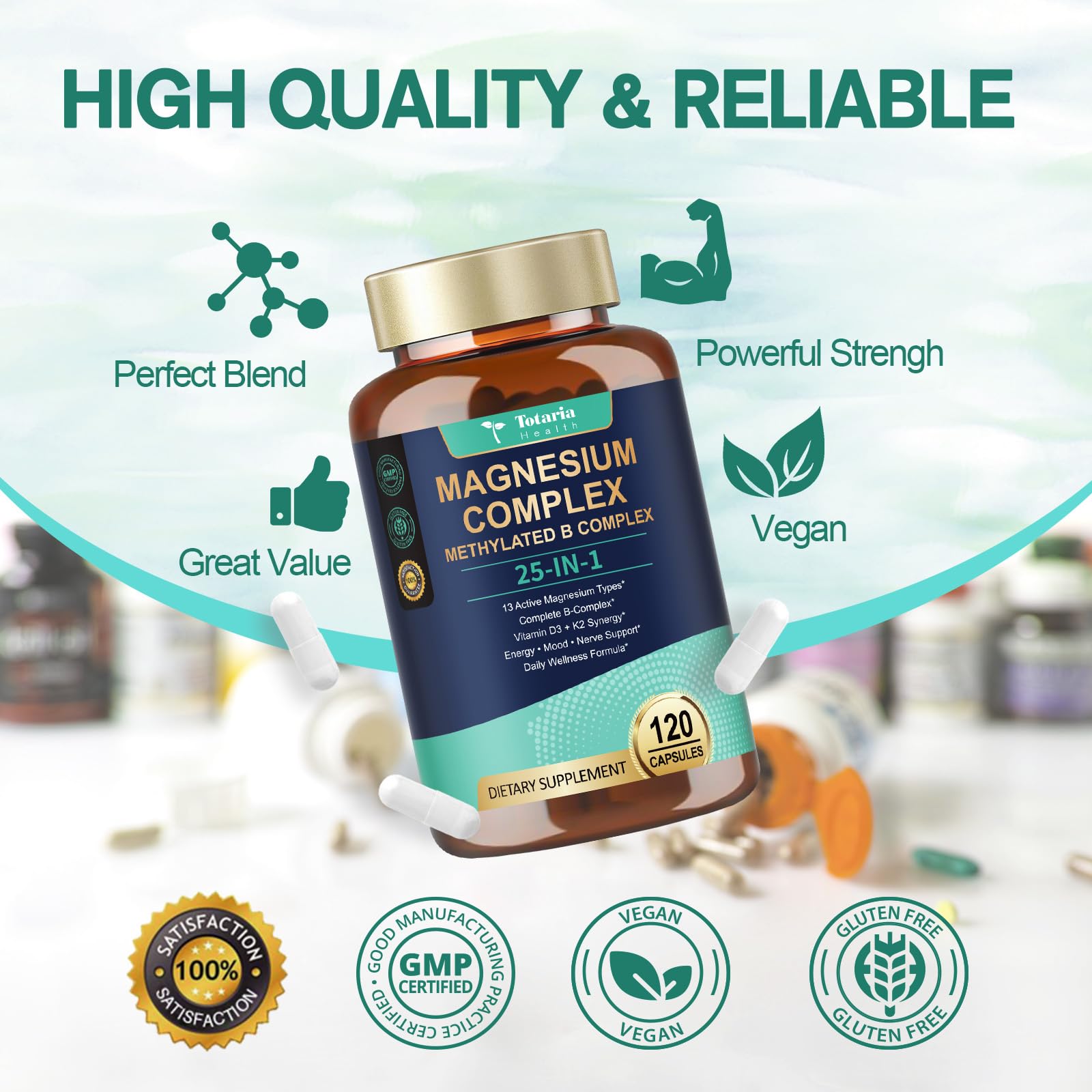 25-in-1 Magnesium Complex with Methylated B Complex, 1000mg Magnesium Complex for Women & Men with Magnesium Glycinate 400mg, 120 Vegan Capsules per Bottle, 2 Bottles