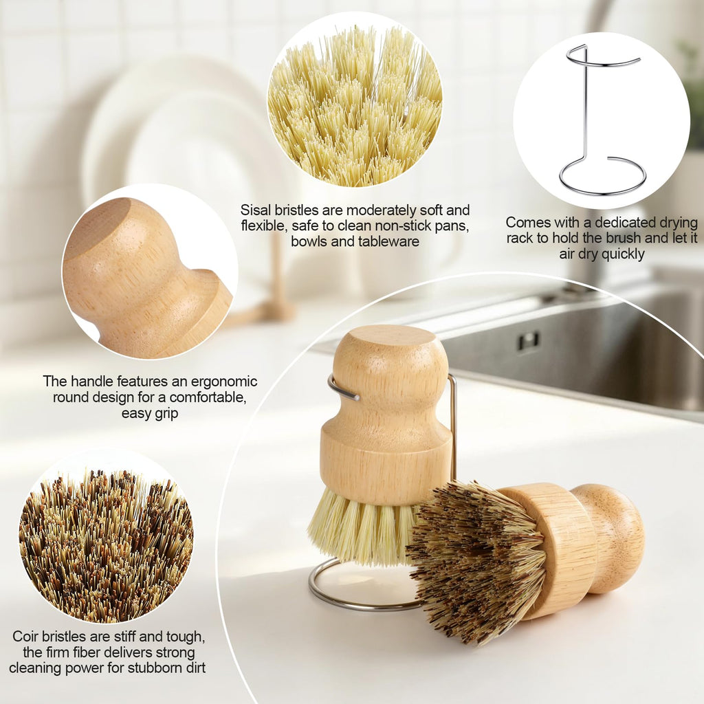 Bamboo Dish Brush Set with Holder, 2 Sisal & 1 Palm Scrub Brush