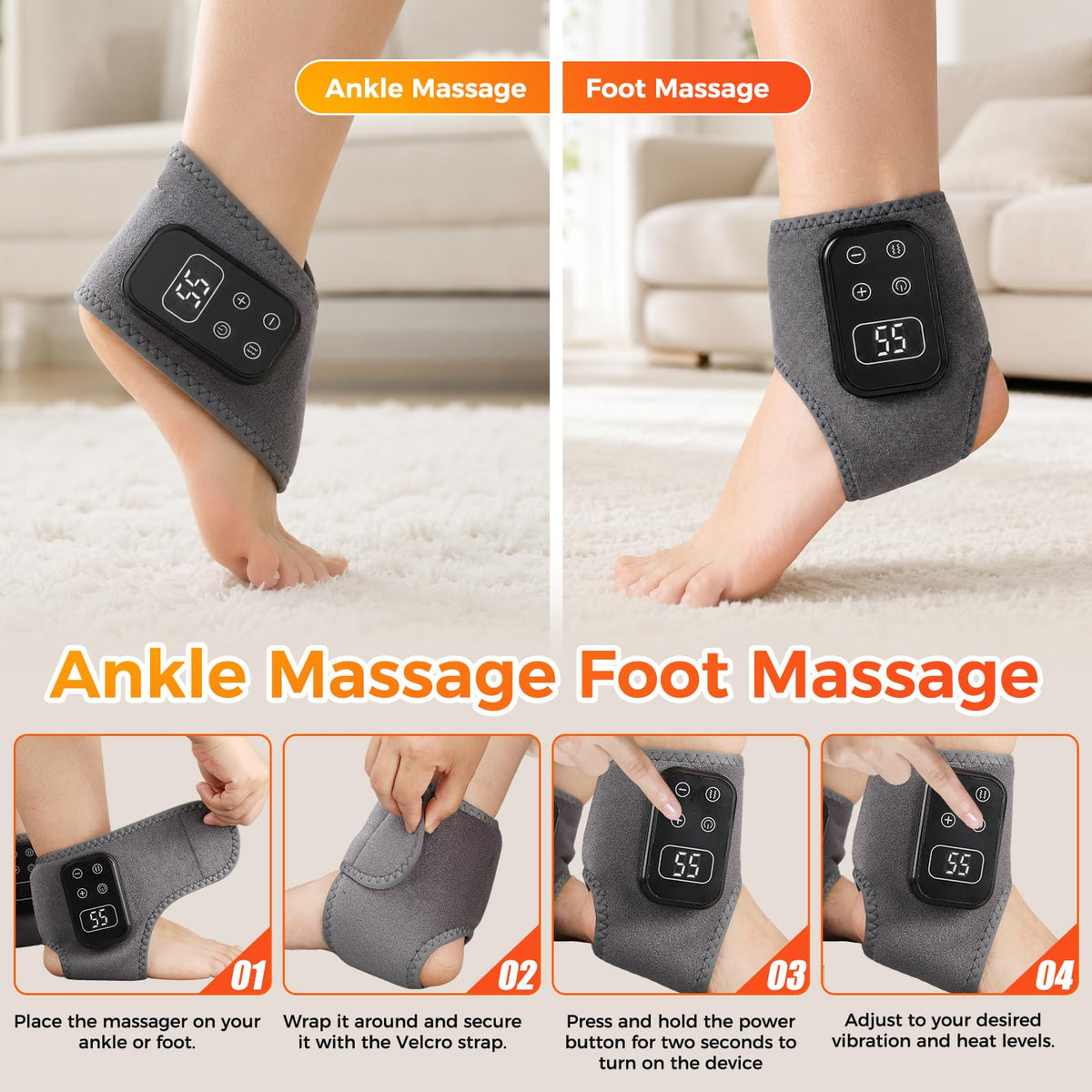 2PCS Foot Renew Massager for Neuropathy, 4-in-1 Cordless & Portable Foot and Ankle Massager for Heel, Arch & Ankle Relief, Foot Massager with 5 Vibration Mode & 5 Heat Levels, Ideal for Home & Travel