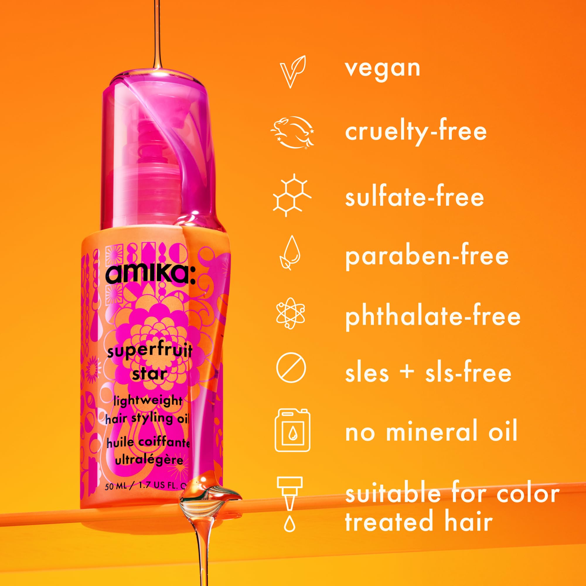 amika superfruit star lightweight hair styling + heat defense oil | heat protection, strengthen + reduce breakage, smooth frizz, add glossy shine | for all hair types