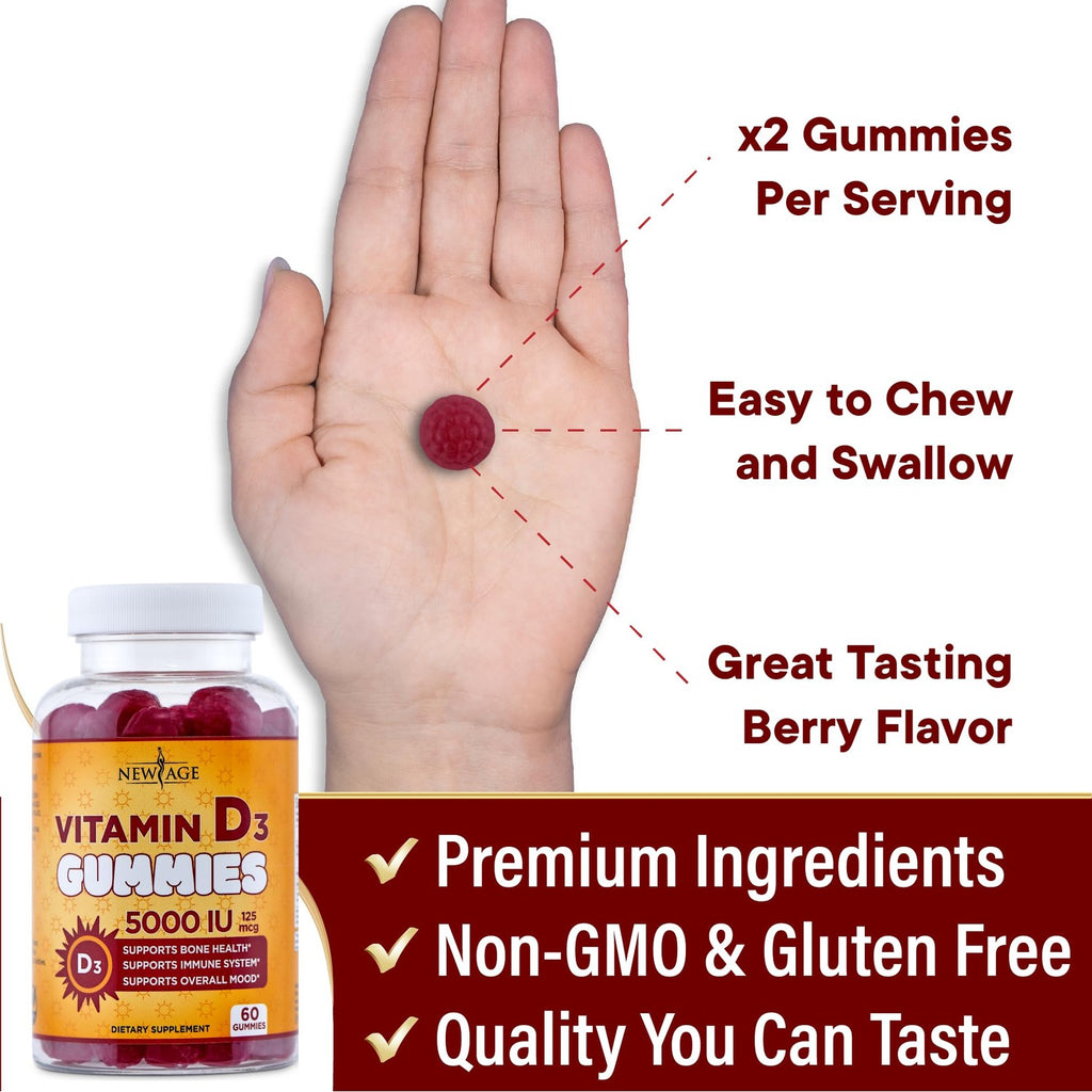 NEW AGE Vitamin D3 5000 IU 125mcg Gummies - Immune Supplement - Non-GMO, Gluten-Free, Dairy-Free, No Gelatin (120 Gummies (Pack of 2))