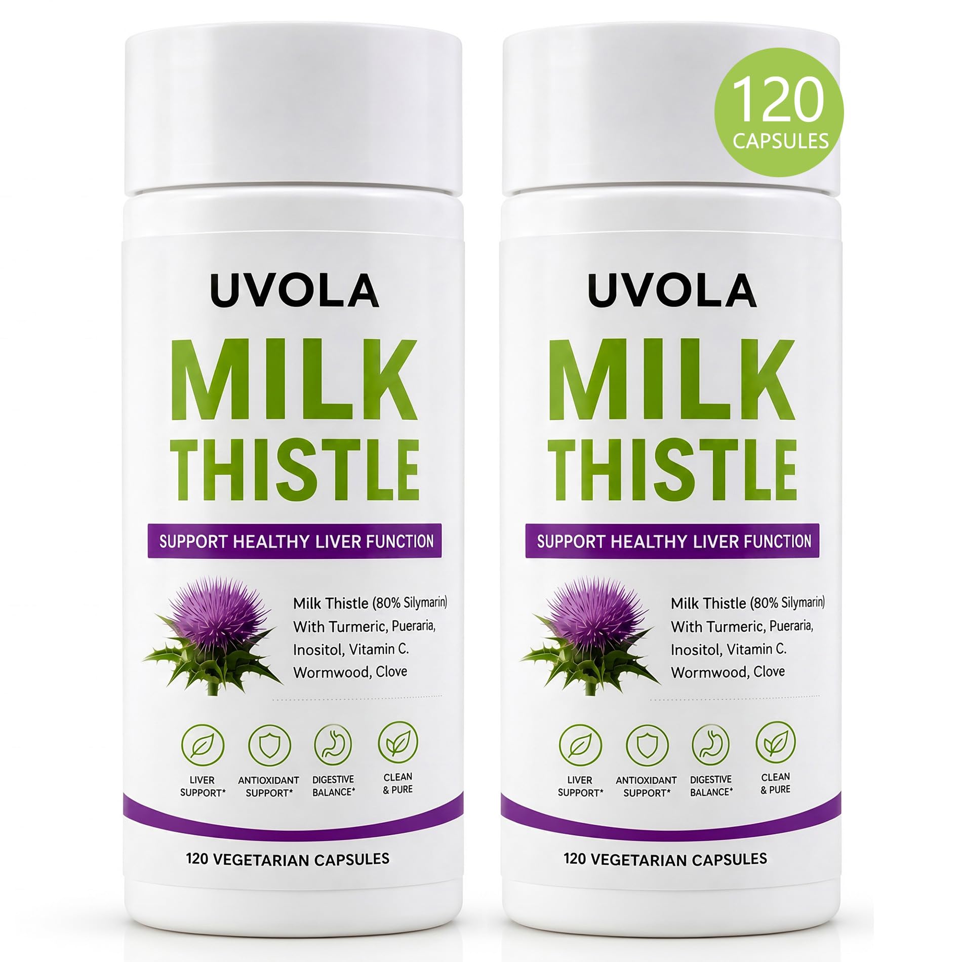 Milk Thistle Liver Support Supplement with 80% Silymarin, Inositol, Turmeric, Clove, Vitamin C and L-Methionine, Digestive and Antioxidant Support, 120 Capsules (1)