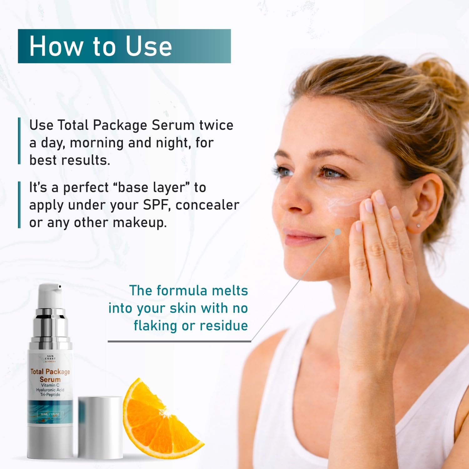 Sun Coast Sciences - Total Package Serum - Vitamin C Serum with Hyaluronic Acid & Peptides for Face - Hydrating Anti Aging Face Serum for Smoother, Firmer Looking Skin - 1 Fl Oz (Pack of 1)