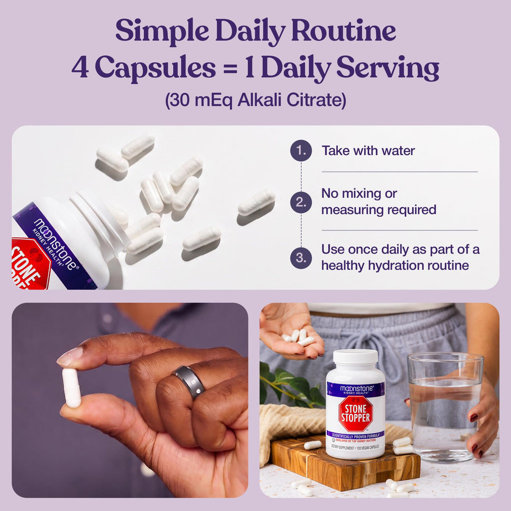 Moonstone Stone Stopper Capsules, Kidney Stone Prevention, Calcium Oxalate Protector, Alkali Citrate Support Supplement, Developed by Urologists to Support Kidney Health, 30 Day Supply (120 Count)