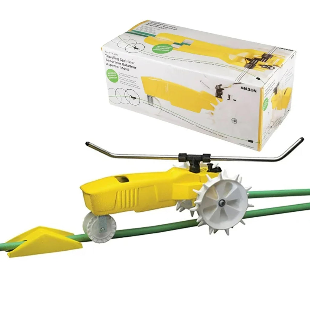 Nelson Rain Train 13,500 Square Feet Cast Iron Outdoor Lawn Traveling Water Sprinkler for Yard, and Garden, with Auto Shut Off, Yellow