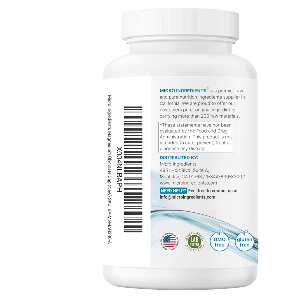 Micro Ingredients Pure Magnesium Glycinate 400mg Per Serving, 240 Capsules | Chelated Mineral Supplements with Elemental Form | Non-GMO, Filler Free