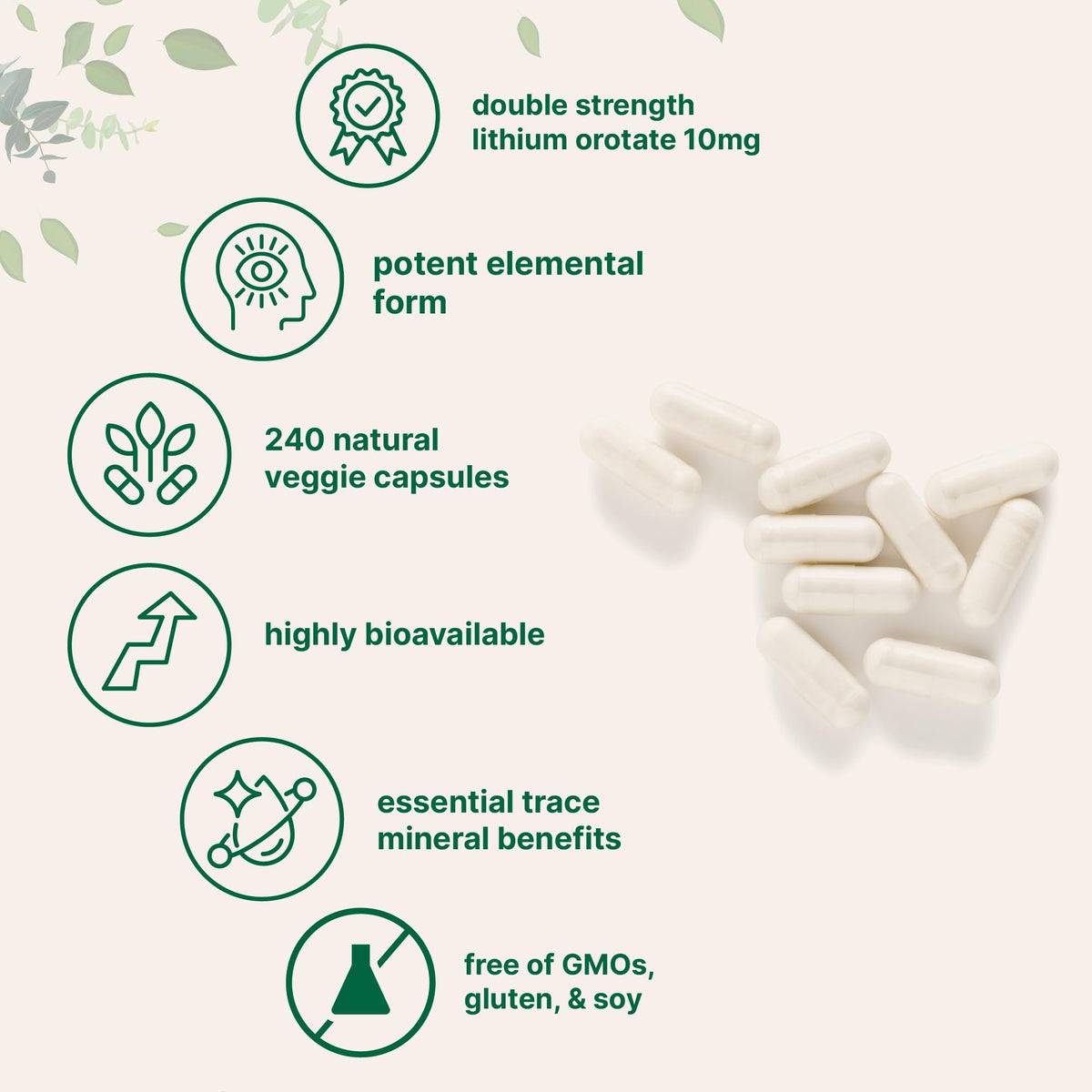 Lithium Orotate 10mg, 240 Veggie Capsules | 5mg Per Capsules | High Bioavailability Trace Mineral | Healthy Aging, Brain Supplement, & Mood Support | Non-GMO, Gluten Free