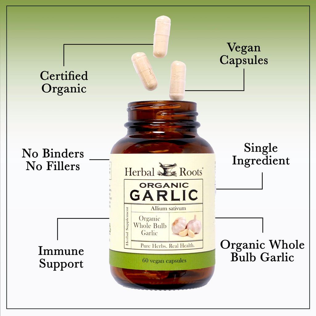 Herbal Roots Organic Whole Bulb Garlic Pills - Potent Extra Strength Immune Support - USDA Certified Organic - 60 Vegan Capsules