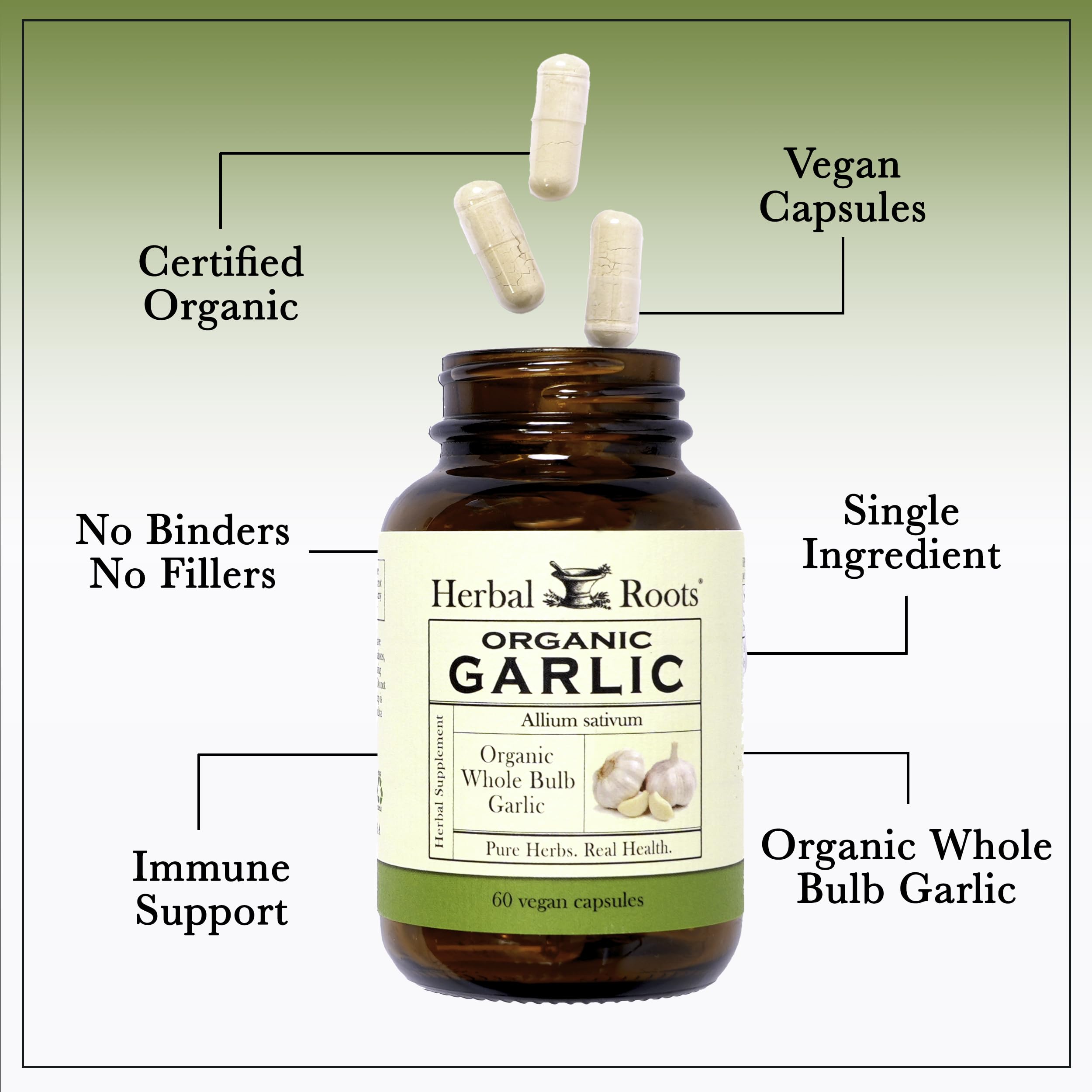 Herbal Roots Organic Whole Bulb Garlic Pills - Potent Extra Strength Immune Support - USDA Certified Organic - 60 Vegan Capsules