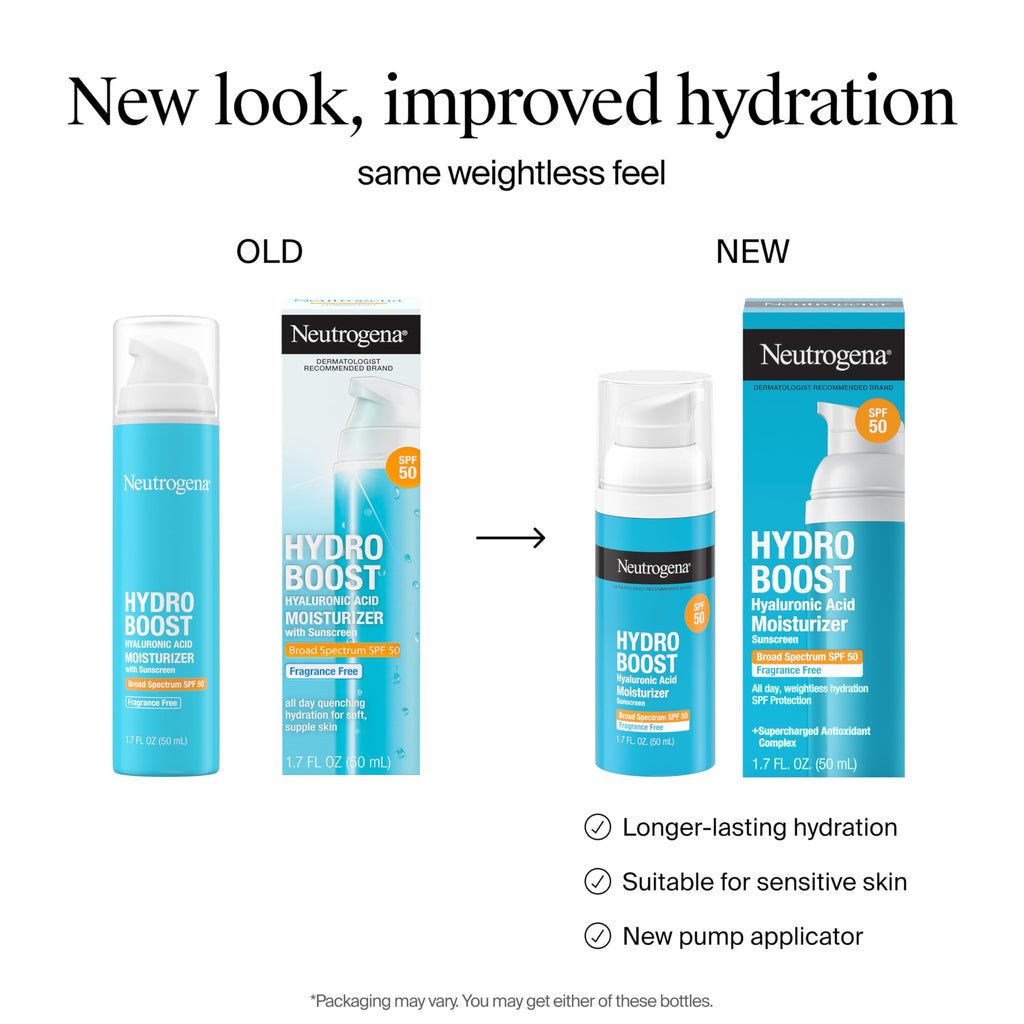 Neutrogena Hydro Boost Face Moisturizer SPF 50, 1.7 fl oz | Hyaluronic Acid, Non-Greasy, Fragrance Free, Daytime Facial Moisturizer, Hydrate & Soothe Dry Skin
