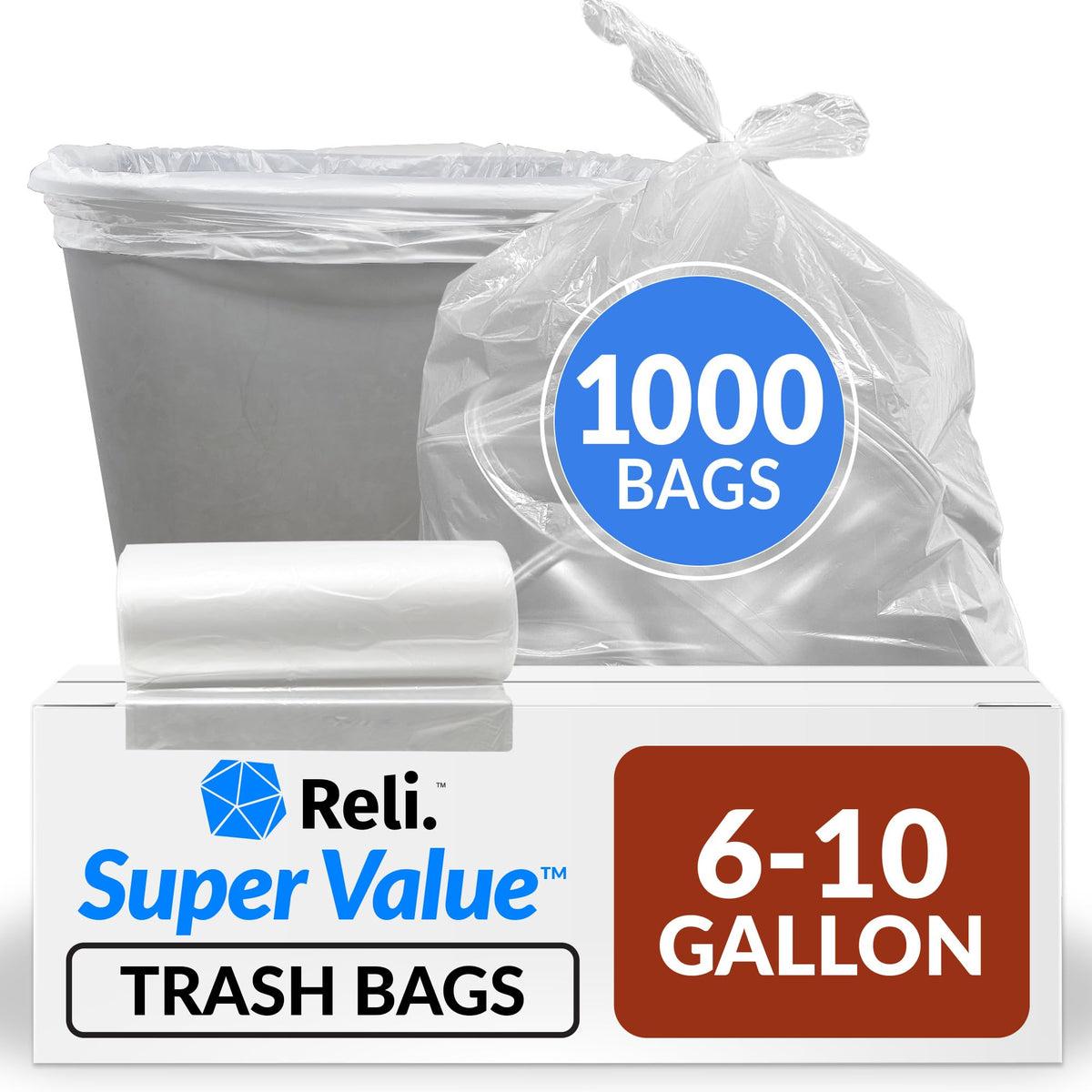 Reli. 6-10 Gallon Trash Bags | 1000 Bags | Clear