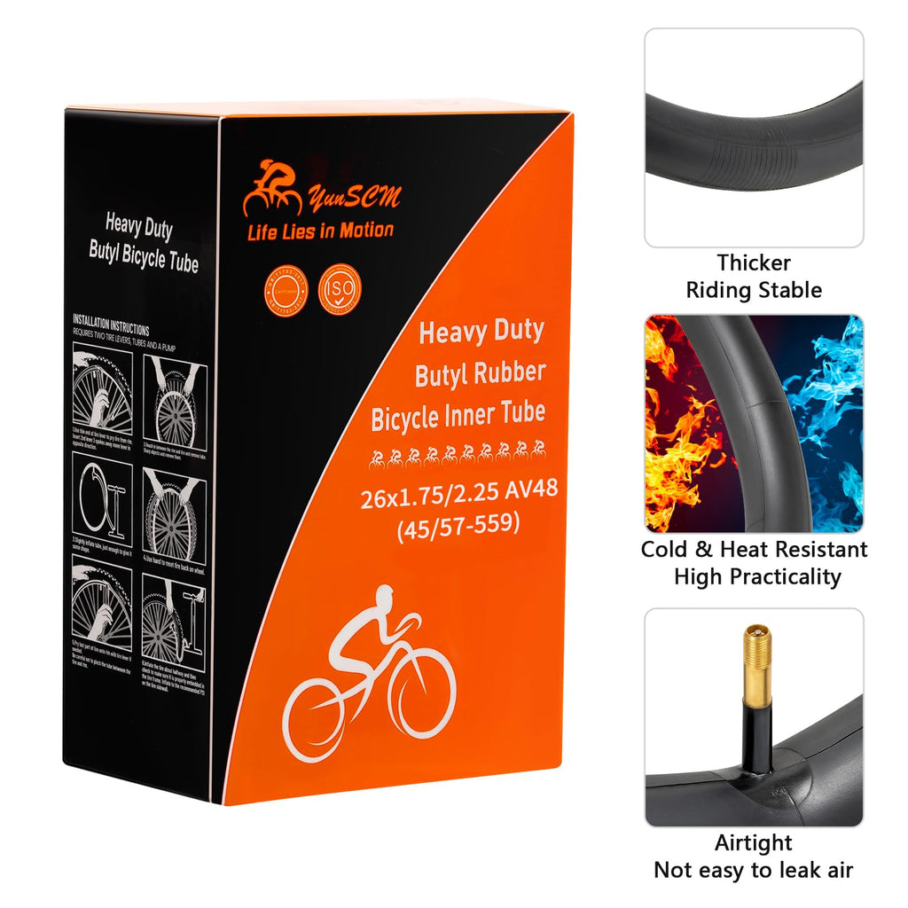 26" Heavy Duty Bike Tubes 26x1.75/1.95/2.0/2.10/2.125/2.25 (45/57-559) 26 Bicycle Tubes Premium Butyl Rubber Compatible with Road,Gravel,Mountain Bike Tire Tubes Schrader Valve AV48mm 2-PCS