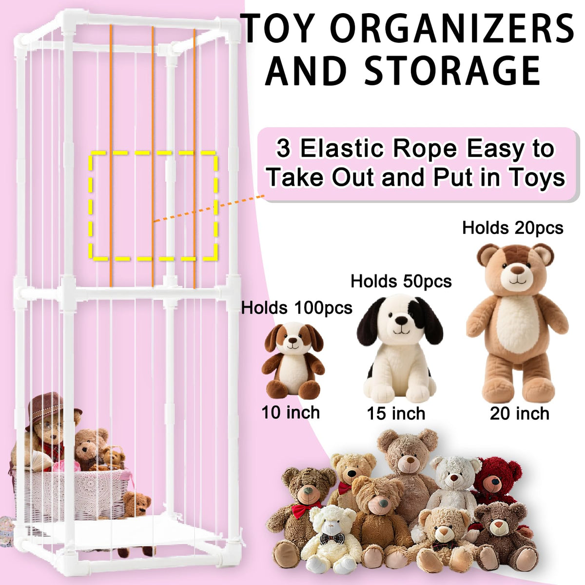 Stuffed Animal Storage Pre-Threaded Bungee Push-Lock Toolless Toy Organizer
