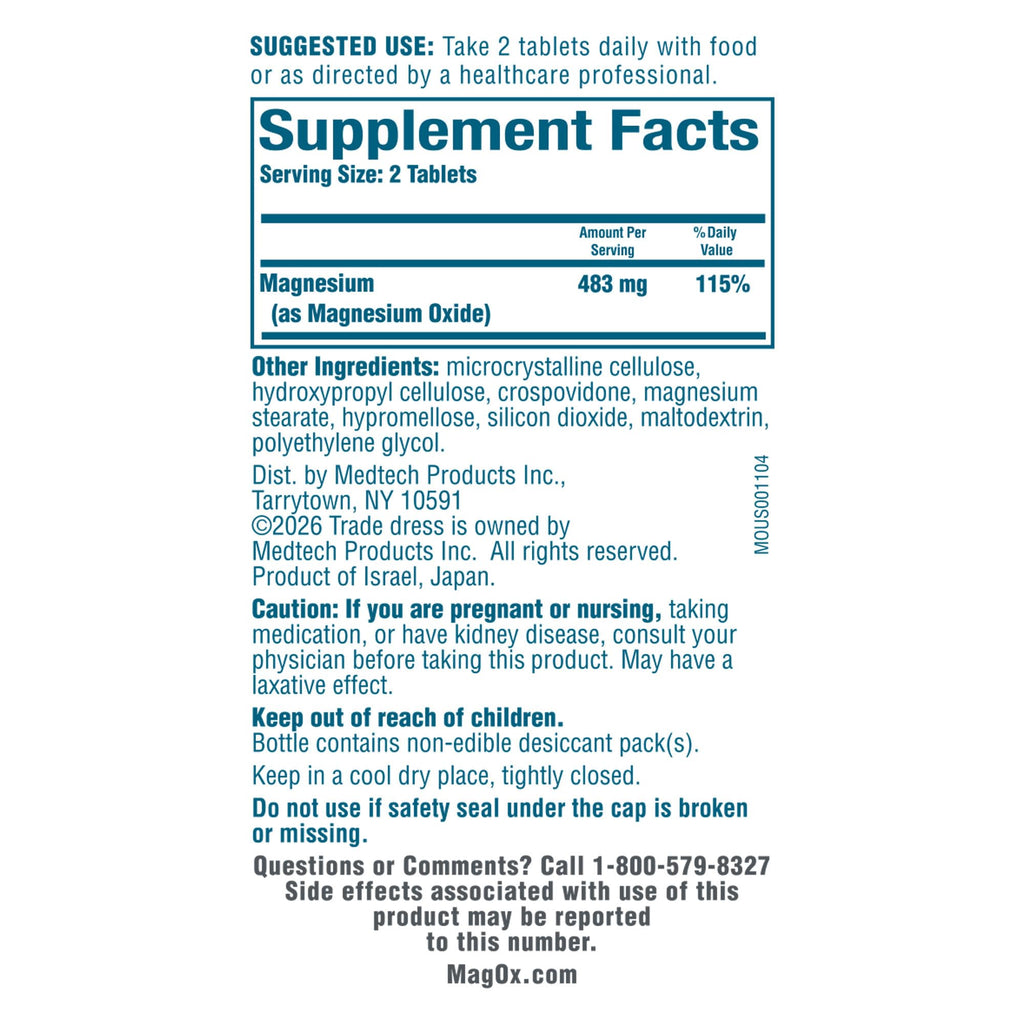 Mag-Ox High Potency Magnesium Supplement, Tablets, 60 Count | Pharmaceutical Grade Magnesium Oxide, 482 mg Per Dose, Magox 400 Magnesium
