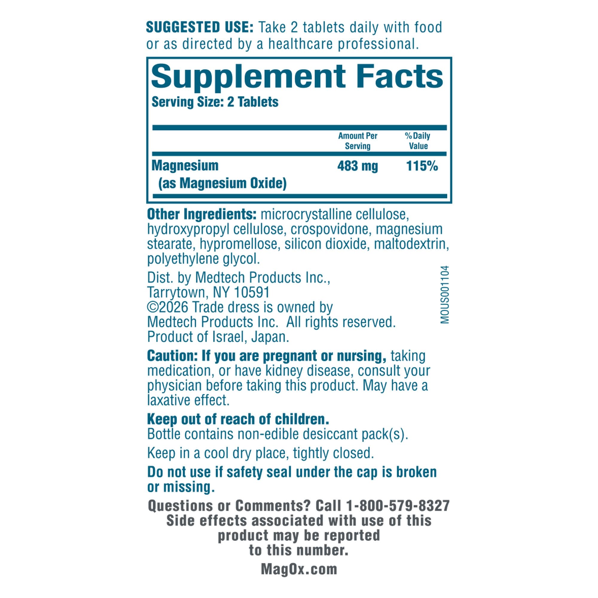 Mag-Ox High Potency Magnesium Supplement, Tablets, 60 Count | Pharmaceutical Grade Magnesium Oxide, 482 mg Per Dose, Magox 400 Magnesium