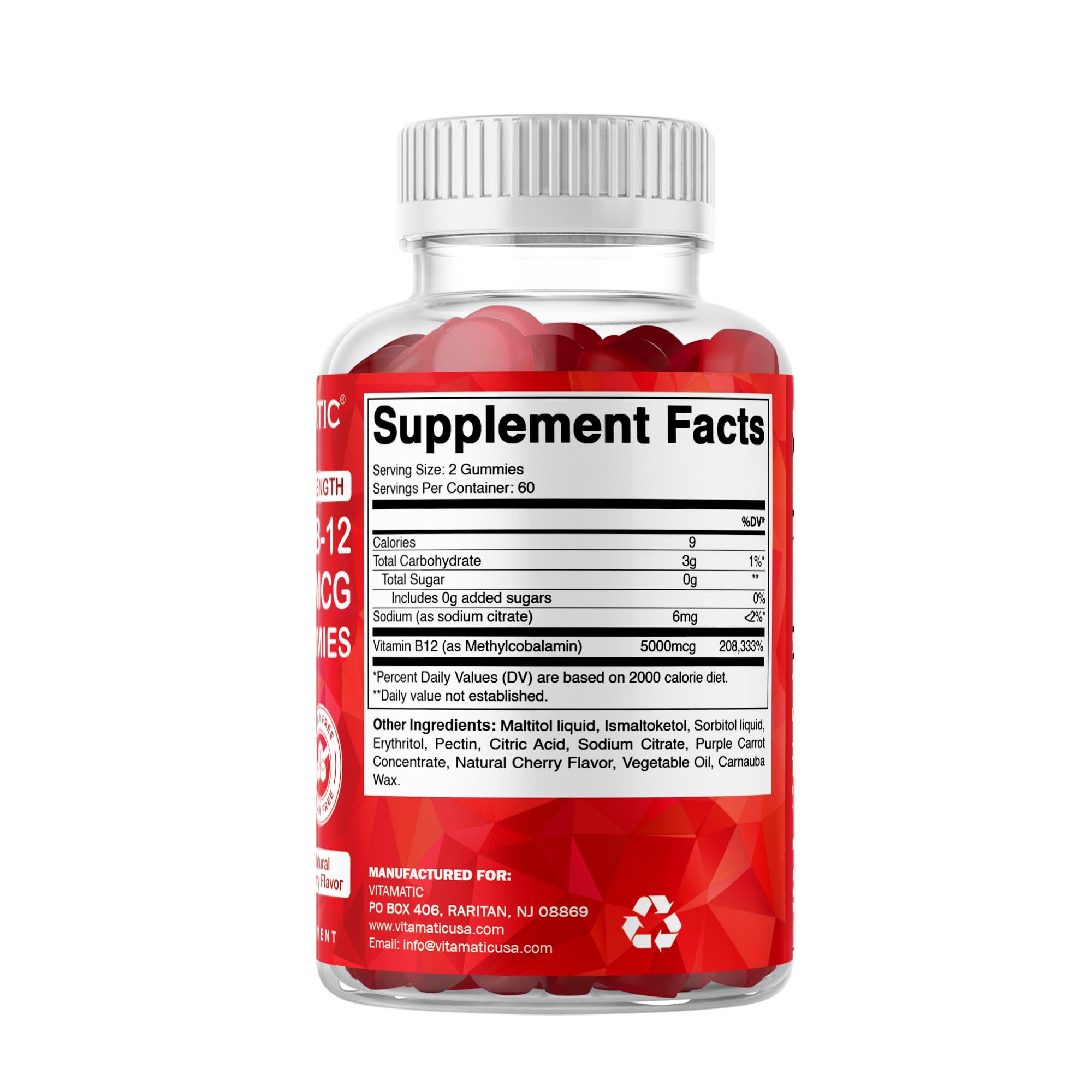 Vitamatic Methyl B12 5000 mcg, 120 Gummies, Natural Cherry Flavor | Extra Strength, Energy Metabolism Support and Nervous System Health Support*, Non-GMO, Gluten Free
