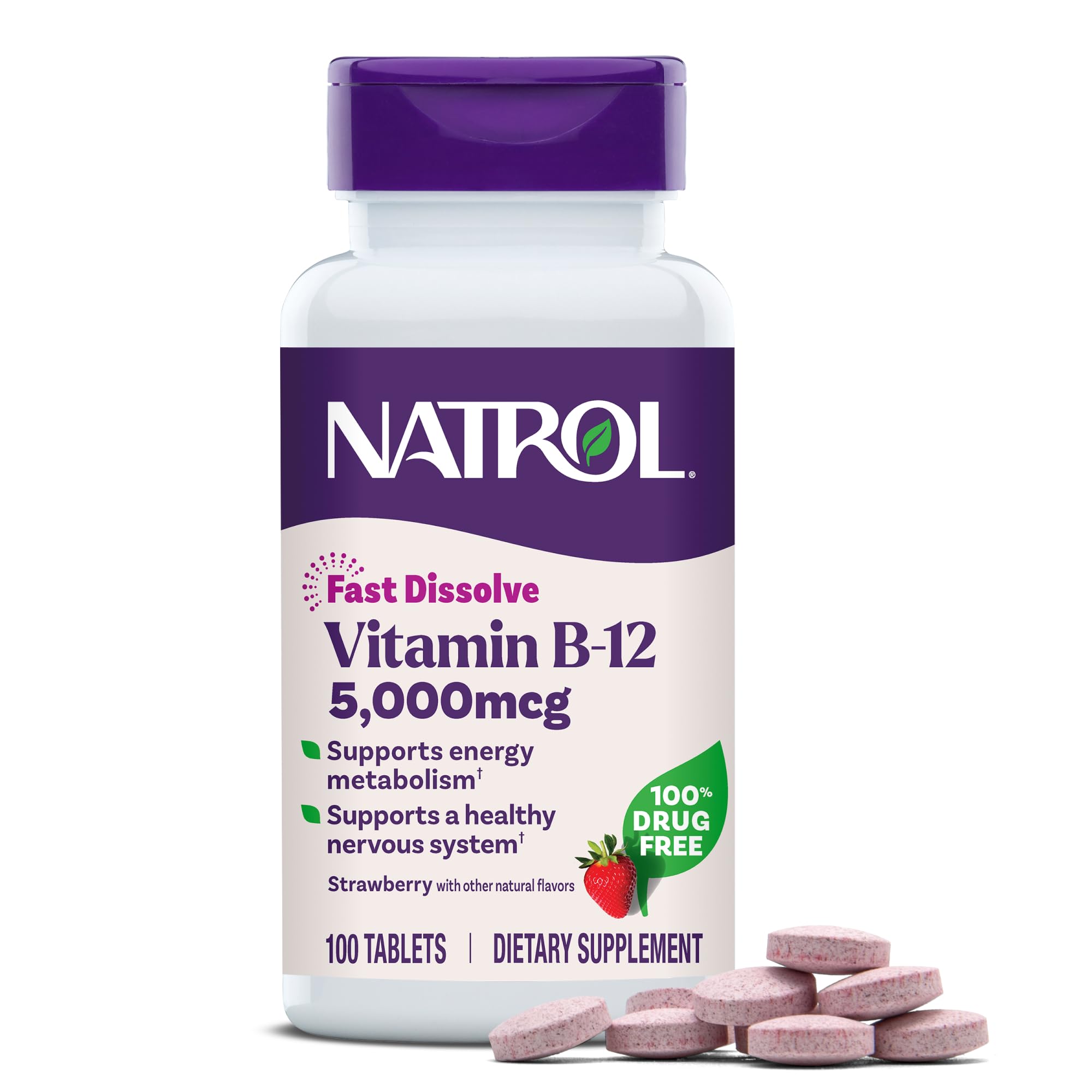 Natrol Vitamin B12 5000 mcg Fast Dissolve B12 Supplement, 100 Tablets | Supports a Healthy Nervous System and Energy Metabolism, 100 Day Supply