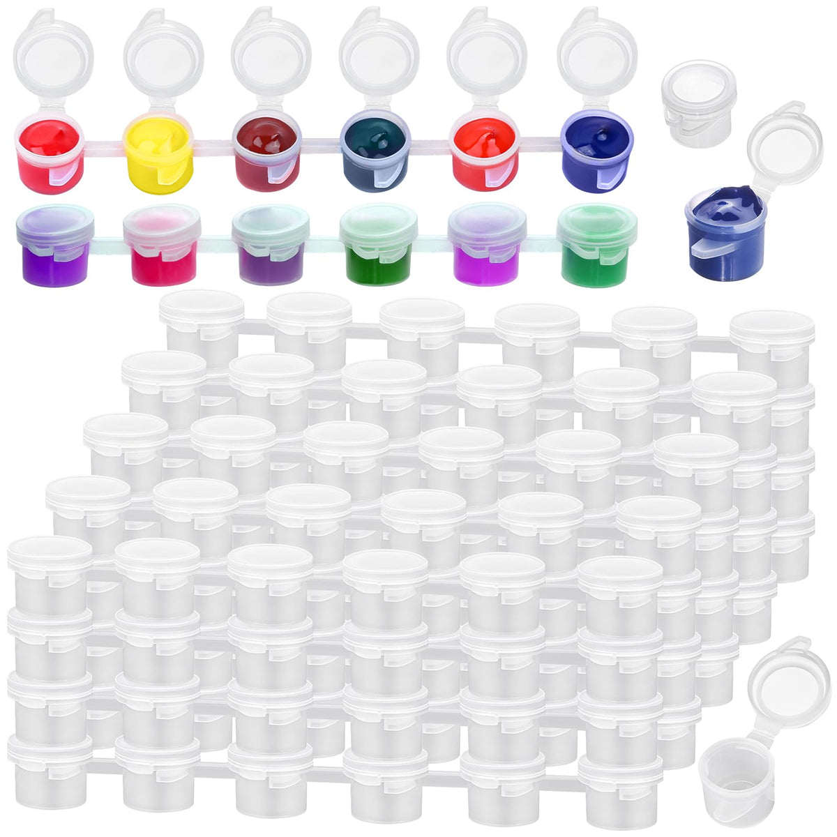 Caffox 240-Piece Empty Paint Pot, 40 Strips Acrylic Mini Paint Container Strip Storage with Lid for Classrooms, School Art & Crafts 3ml/ 0.1oz